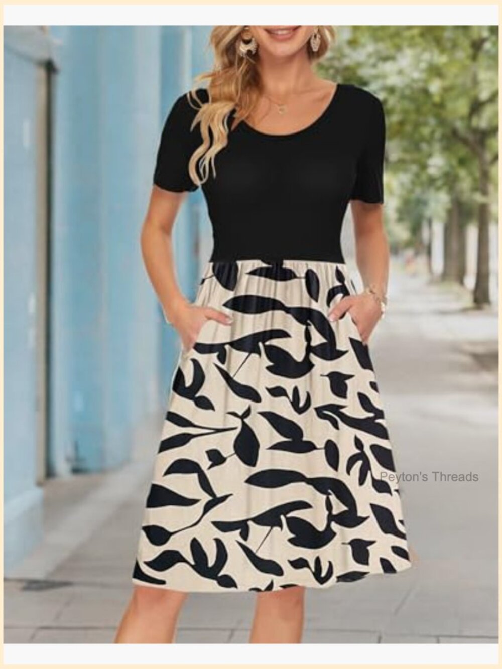 Short Sleeve Empire Waist Dress with Pockets Pleated Loose Swing Knee Length - Picture 6 of 6